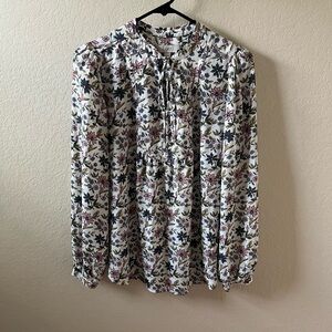 LOFT Women’s Floral V-Neck Tie Blouse Size S Long Sleeve Boho Cottagecore Top